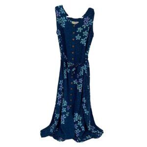Hawaii Womens Floral Print V-Neck Sleeveless Button Front Belted Dress Blue S